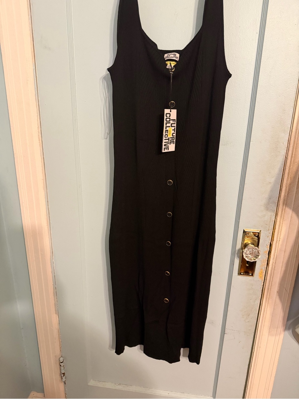 Black Ribbed Button-Front Midi Dress